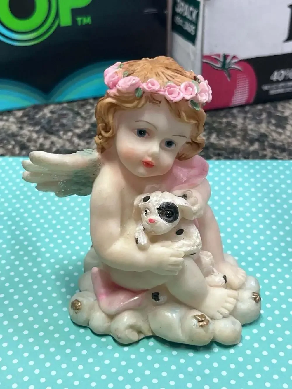 Ceramic Angel Cherub Figurine with Dalmatian Puppy and Rose Crown